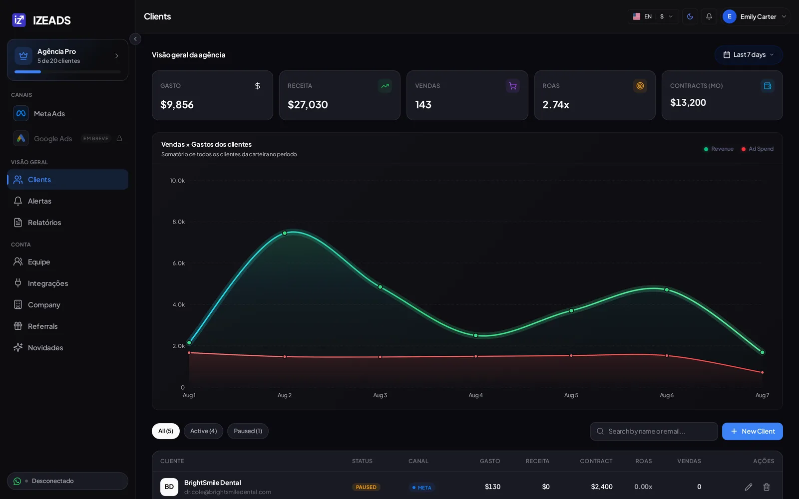 Portfolio overview: spend, revenue, ROAS and contracts across all clients